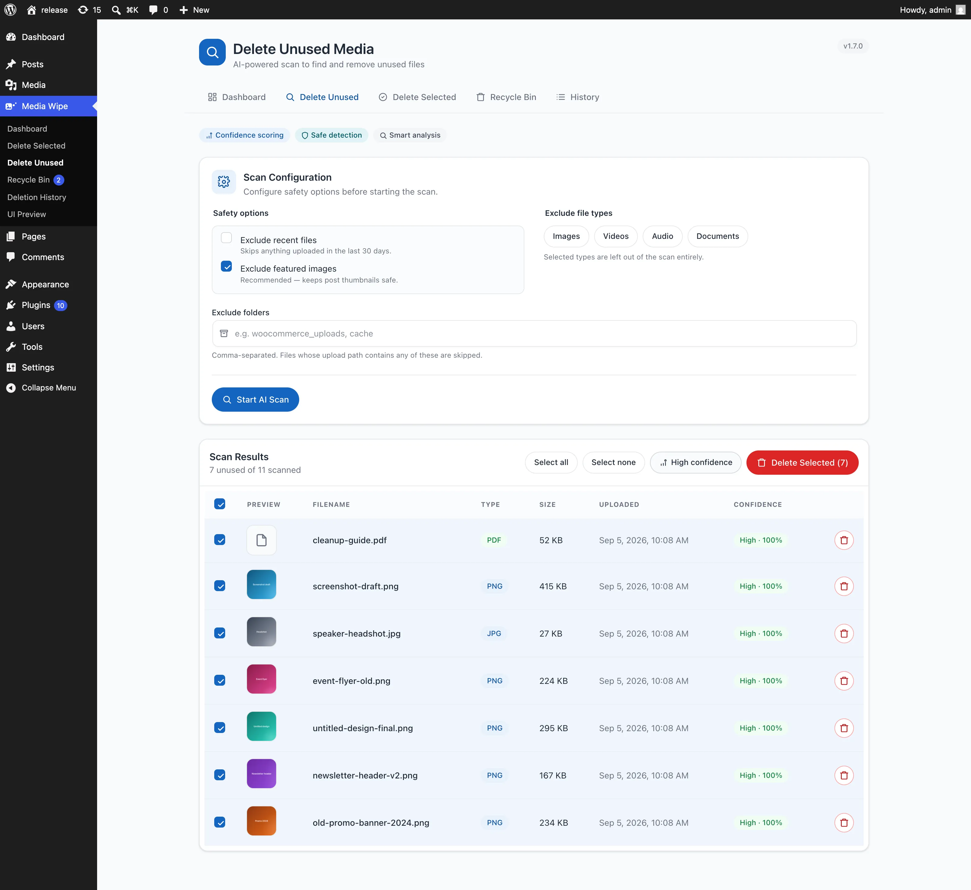 The Delete Unused Media screen in WordPress, showing scan configuration options and a results table of 7 unused files with 100% confidence scores.