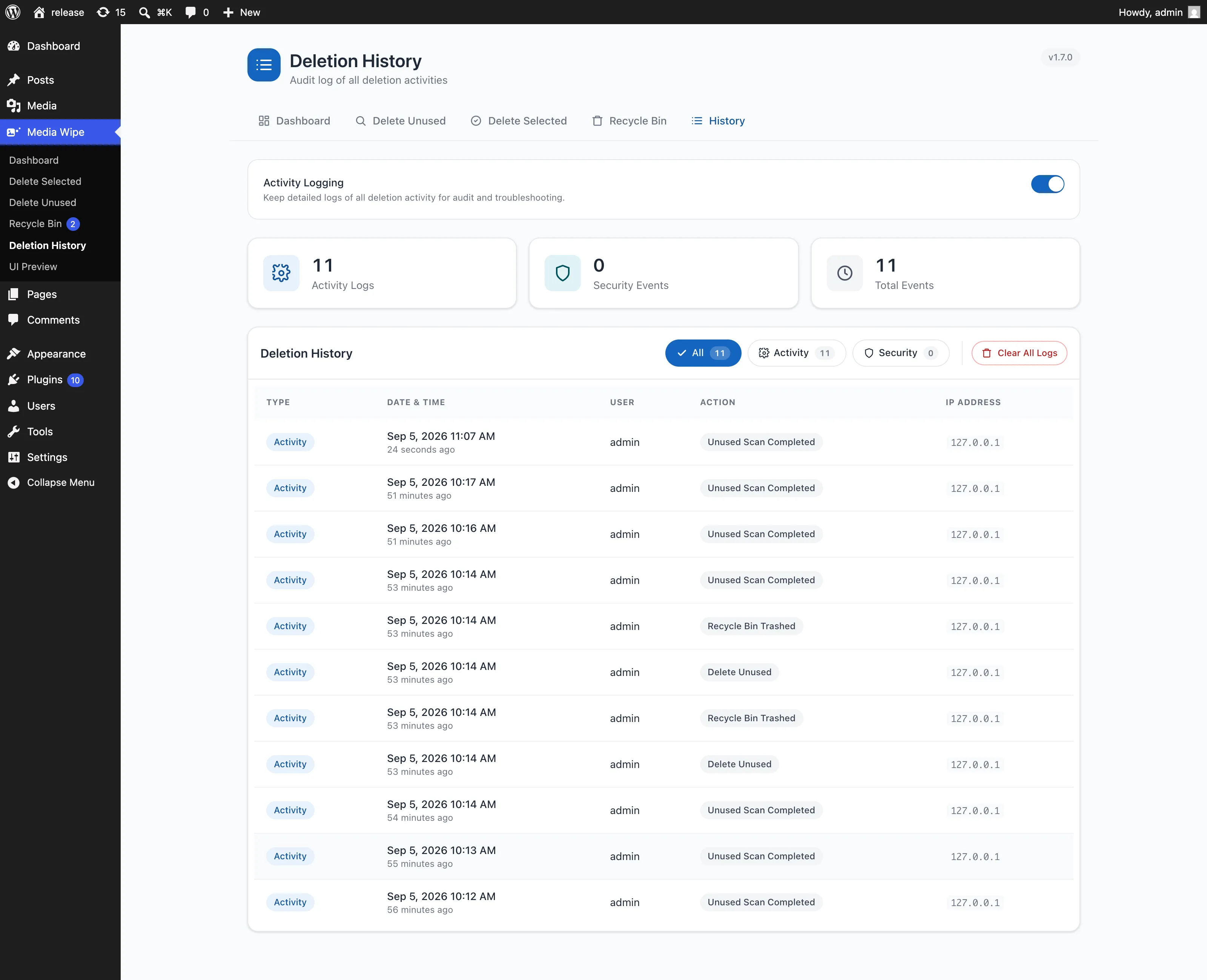 Deletion History screen showing an activity logging toggle, counters for activity and security events, and an audit table with timestamps, users, actions and IP addresses.